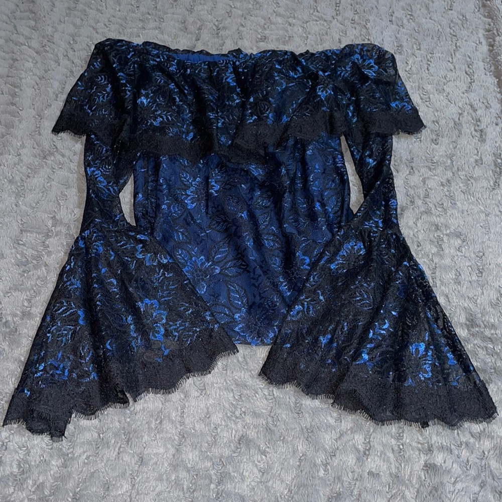 WHBM Blue Lace Off the Shoulder Bell Sleeve Top Blouse
